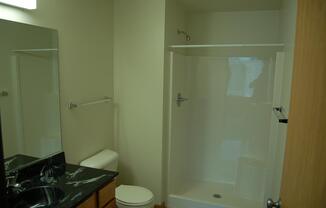 a bathroom with a shower toilet and sink