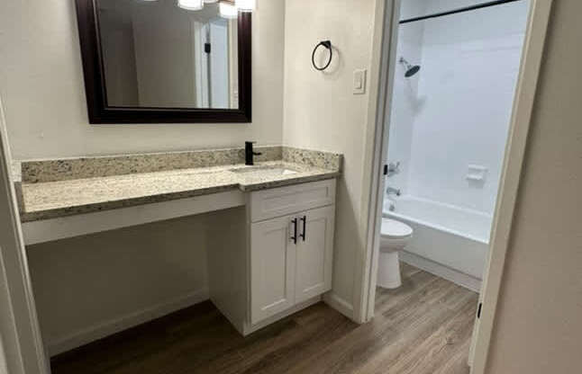 A bathroom with a vanity and a mirror.