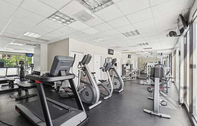 A gym with treadmills, exercise bikes, and other equipment.