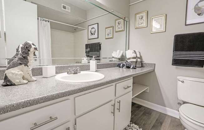 A cypress bathroom with a white toilet and a grey counter top at The Marq in Shreveport, LA