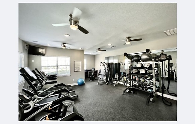 A gym with treadmills, weights, and exercise equipment.