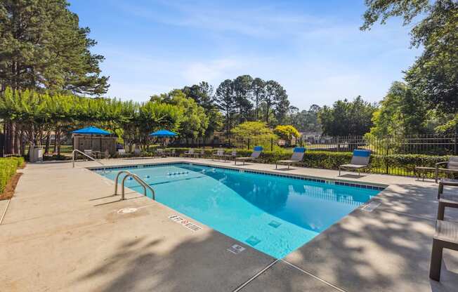 A large outdoor swimming pool surrounded by trees and lounge chairs.