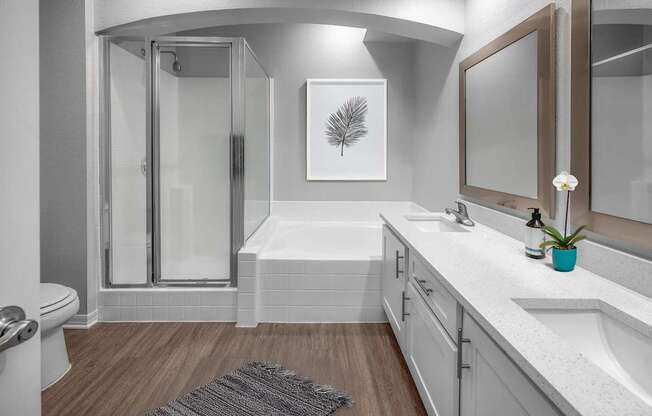 a bathroom with a shower and a sink and a mirror, Henley Tampa Palms, Tampa, FL
