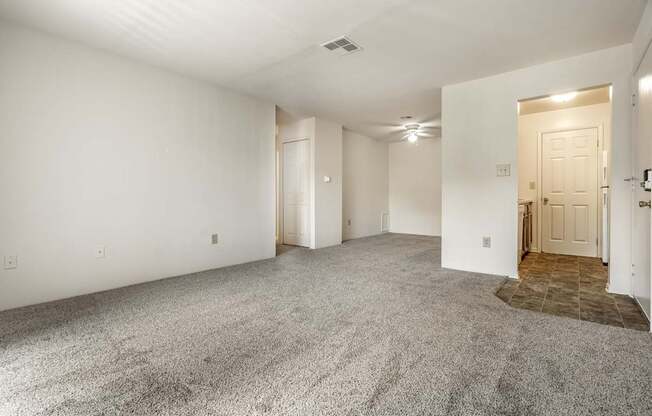 A spacious room with a carpeted floor and a door on the right side