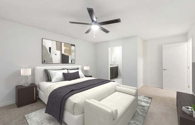 a bedroom with a bed and a ceiling fan