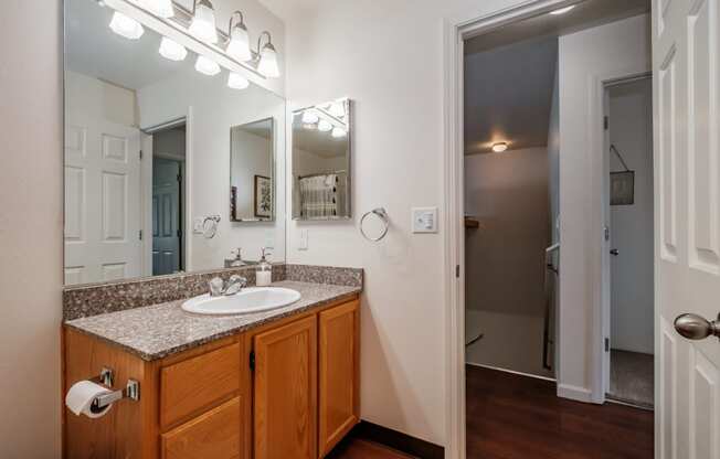 a bathroom with a sink and mirror