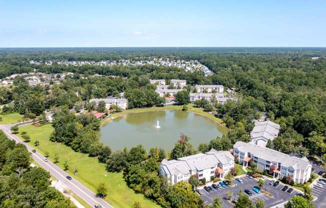 an aerial view of a pond in the middle of a community with houses and trees