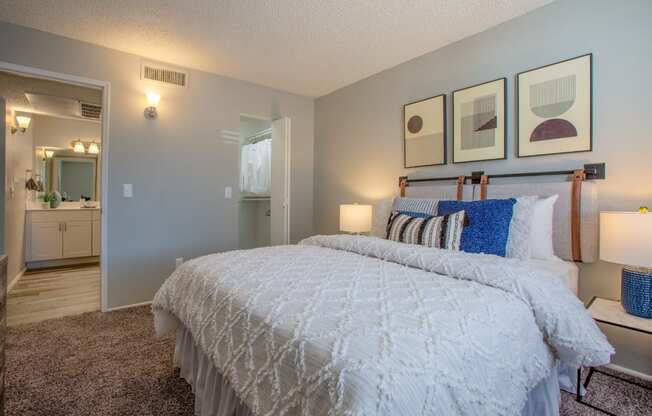 master bedroom with attached bathroom at The Vintage Apartments, Tucson, AZ, 85710