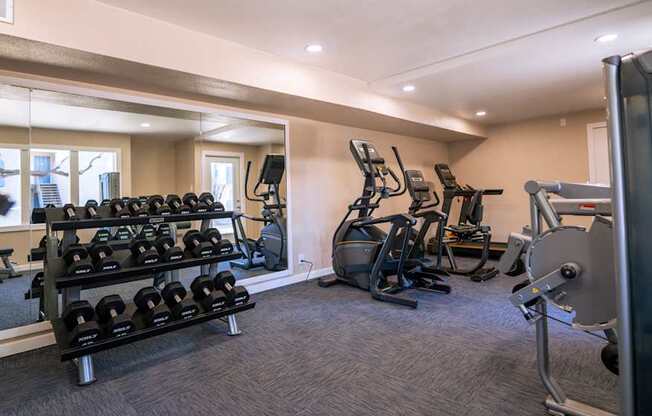 A gym with a variety of equipment including weights and cardio machines.