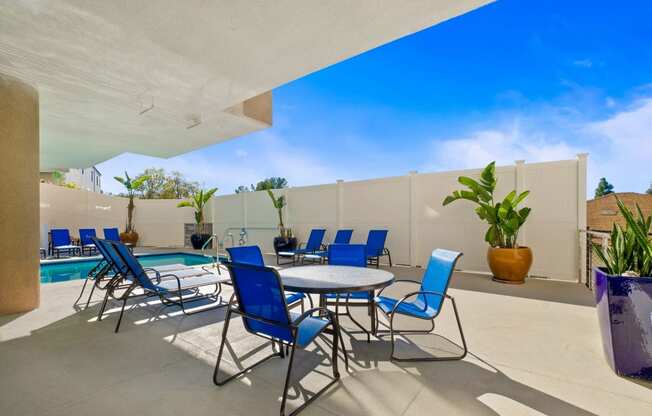 Pool side sitting area at Midvale Apartments, California