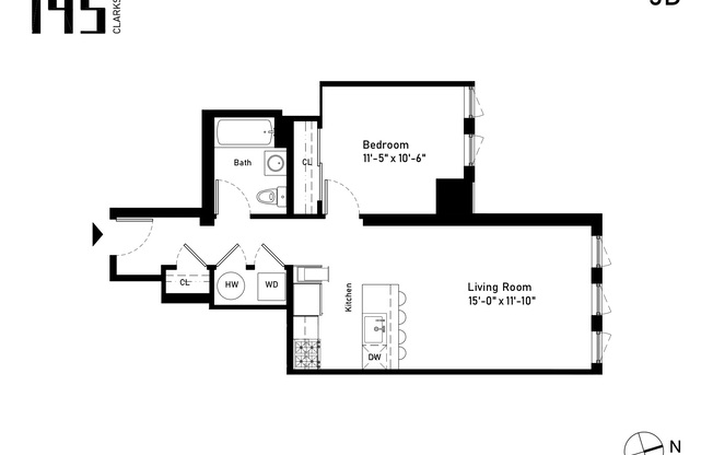 1 bed, 1 bath, $3,000, Unit 5D