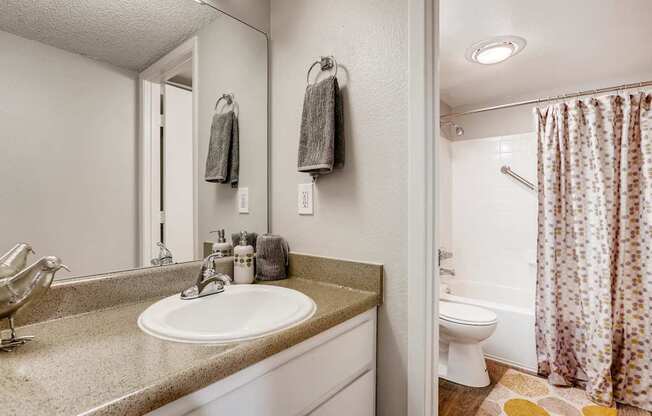 A bathroom with a sink, mirror, toilet, and shower.