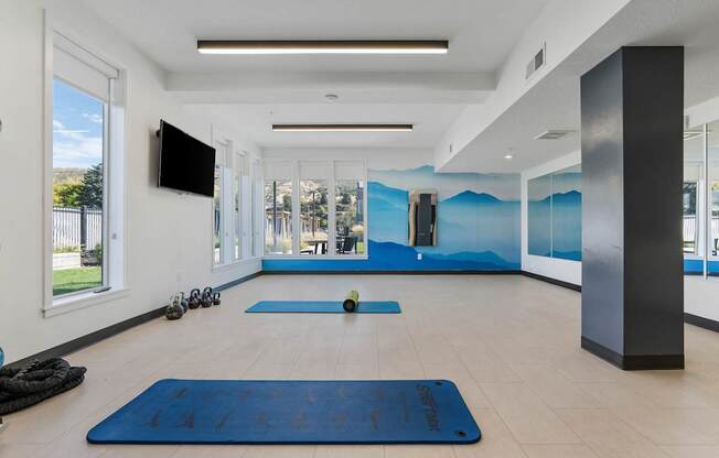 a fitness room with yoga mats and a wall mural of mountains