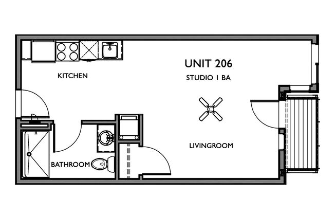 Studio, 1 bath, 383 sqft, $1,199, Unit 206