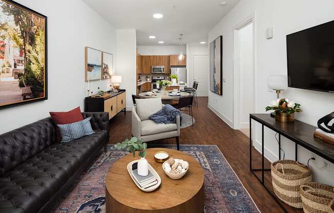 a living room with a couch and a table