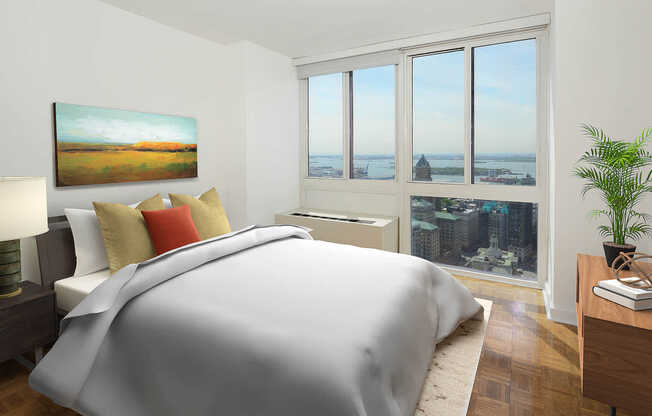 Bedroom with Wood Parquet Flooring and Views of the City