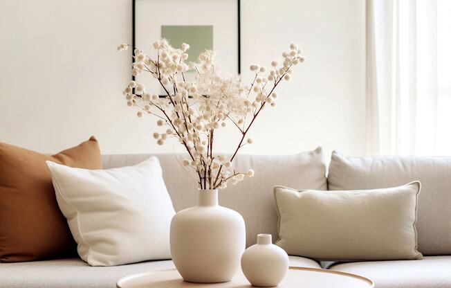 a living room with a couch and a table with a vase with flowers