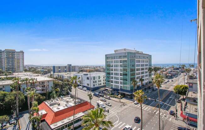 A view of a city street with palm trees and buildings.