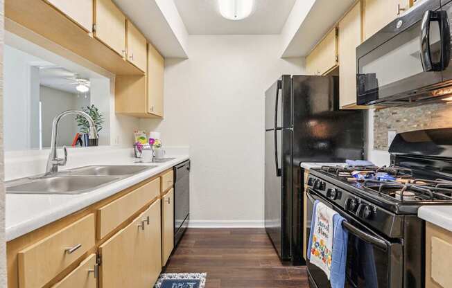 A kitchen with a black refrigerator and stove.