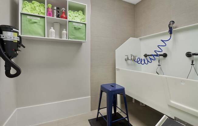 Raleigh, NC Apartments in North Hills - Marshall Park dog wash with ramp wash tub and hair dryer