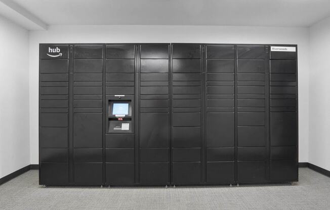 a row of lockers in a room at The Flats at Riverwoods, Provo, UT, 84604