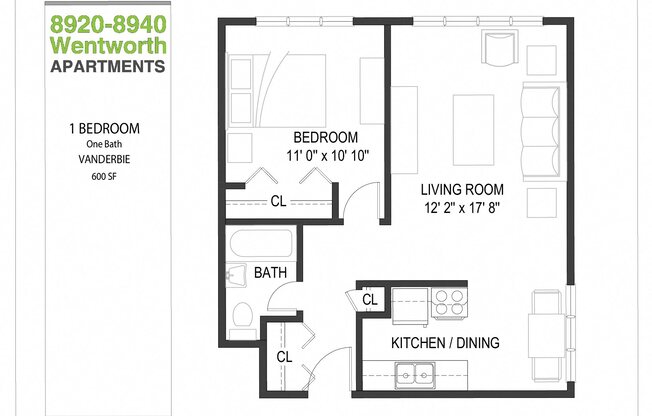 1 bed, 1 bath, 600 sqft, $1,100