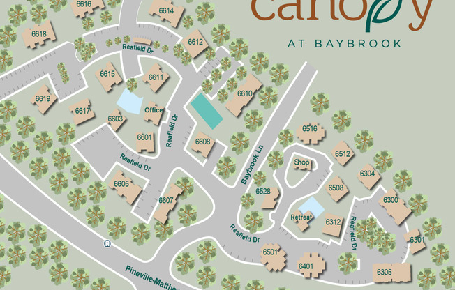 A map of the Canoe at Baybrook property with roads and buildings labeled.