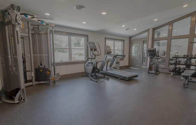 a gym with treadmills and other fitness equipment in a home with windows