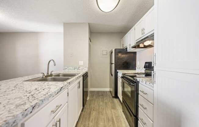 an expansive kitchen with granite counter tops and black appliances