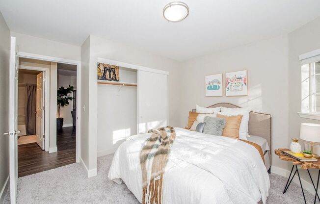 a bedroom with a bed and a closet