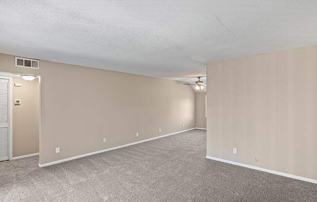 an empty living room with carpet and a door to a closet