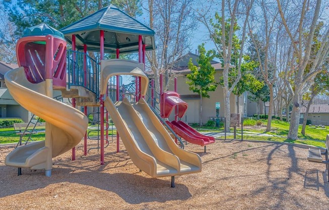 the playground with a slide and jungle gym