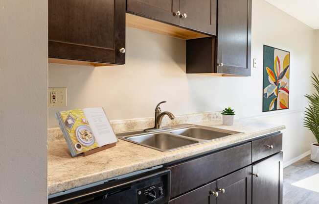 a kitchen with a sink and a book on the counter