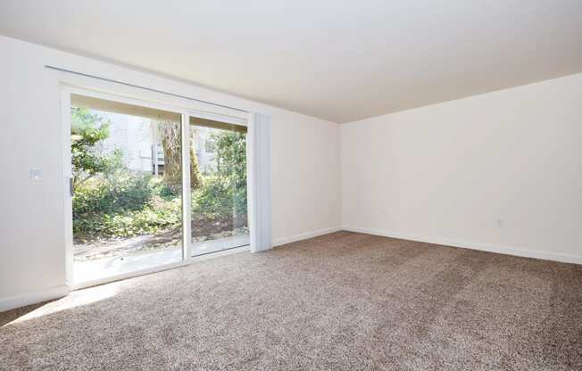 a bedroom with a sliding glass door and a carpeted floor