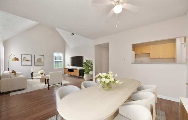 a living room with a dining room table and chairs at Vineyard Terrace Apartments, Napa, 94558