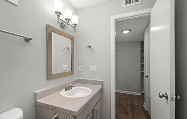 A bathroom with a sink, mirror, and toilet.