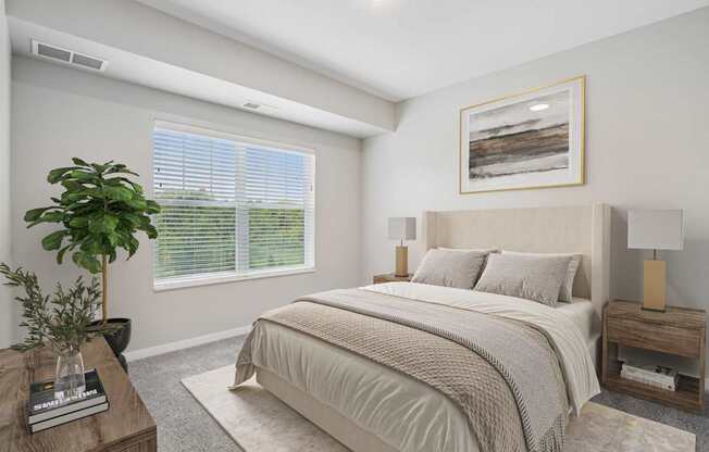 A well-lit bedroom with a large bed and a potted plant.