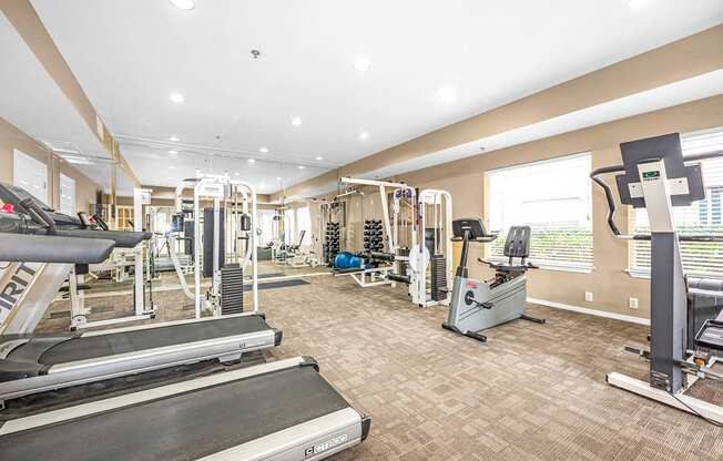 a gym with cardio equipment and weights on the floor