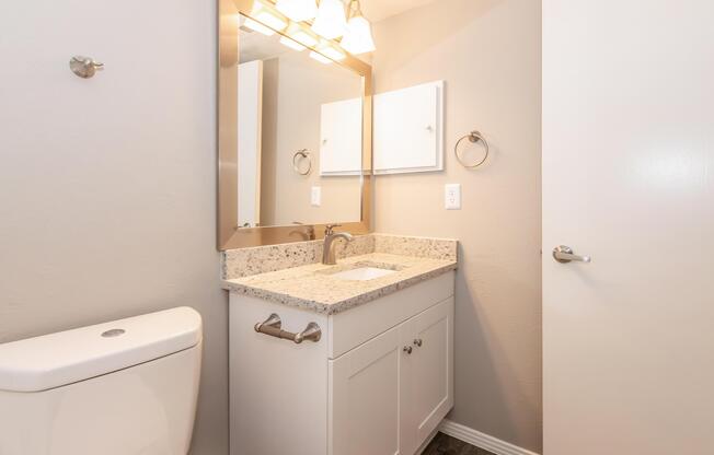 A clean and modern bathroom featuring a white toilet, a light-colored granite countertop with a sink, a large mirror above the sink, and stylish lighting fixtures. The walls are painted a soft gray, and there are towel bars and a small cabinet for storage.