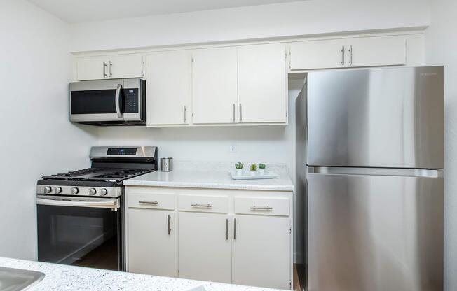 Modern kitchen featuring stainless steel appliances, including a gas stove, microwave, and refrigerator. The cabinets are a light color, and the countertop is white with subtle speckles. A tray with small decorative plants sits on the counter, adding a touch of greenery to the space.