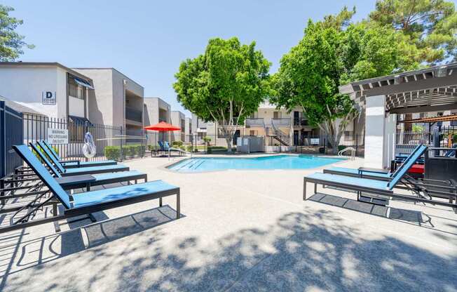 A pool area with sun loungers and a tree.