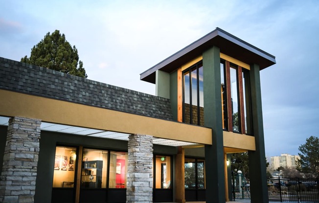 a view of the front of a building with glass doors