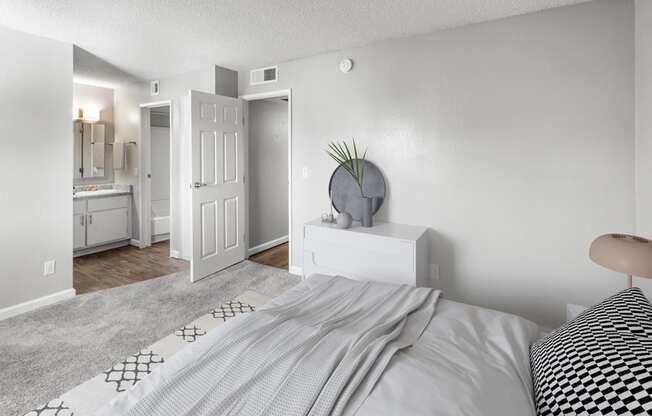 Model bedroom with queen bed