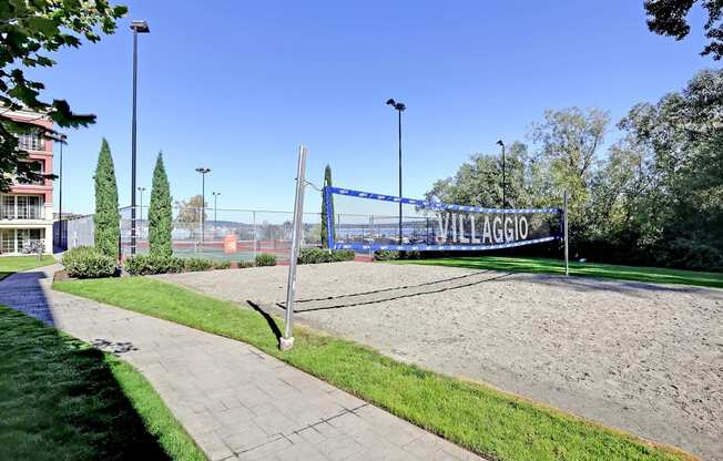 a volleyball court in a park with trees and buildings in the background