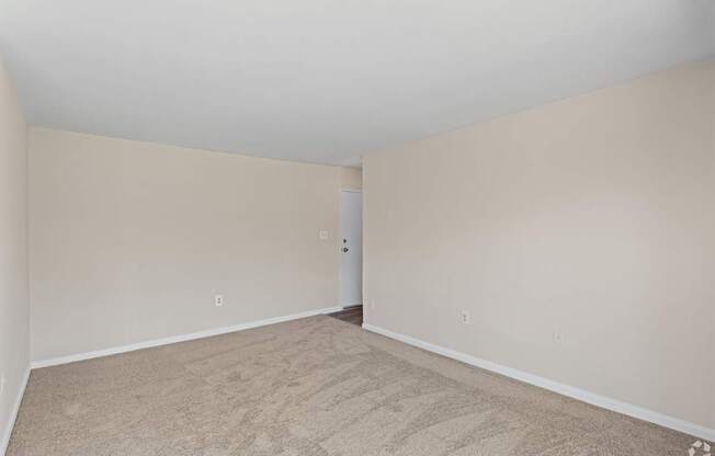 A room with a carpeted floor and a door in the background.