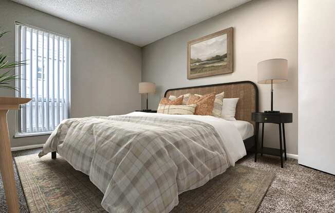 A bedroom with a bed, two lamps, and a painting on the wall.