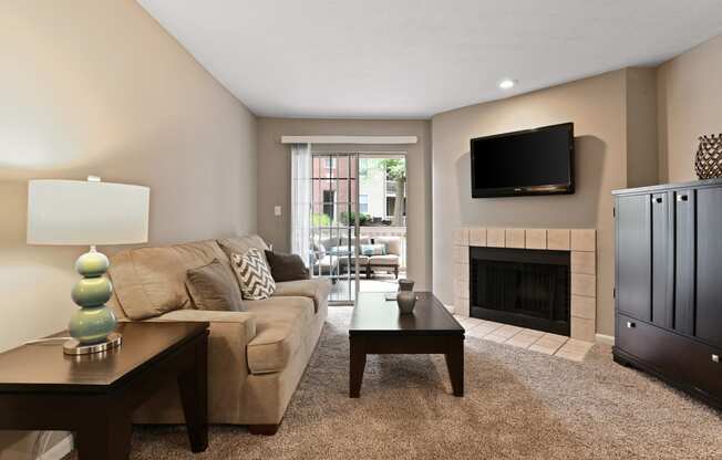 a living room with a couch and a tv and a fireplace