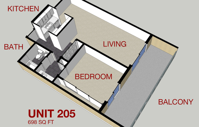 1 bed, 1 bath, 698 sqft, $1,375, Unit 205