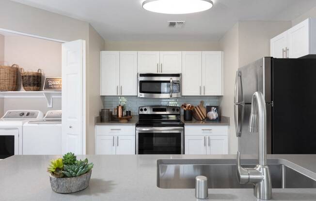 Dog Friendly Apartments in Napa, CA - Montrachet Kitchen with Stainless Steel Appliances & Washer & Dryer Room