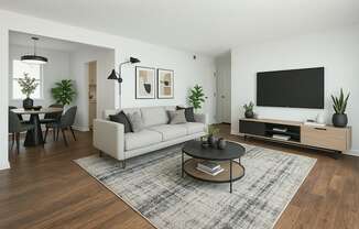 A modern living room with a grey sofa, a black coffee table, and a TV on a wooden stand.